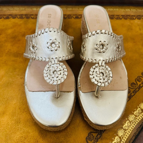Jack Rogers Shoes - JACK ROGERS JACKS Jute Wrapped MID WEDGE Gold Leather Thong Sandals Sz 9